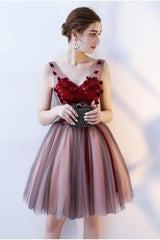 A Line V Neck Sleeveless Tulle Short Homecoming Dress with Flowers
