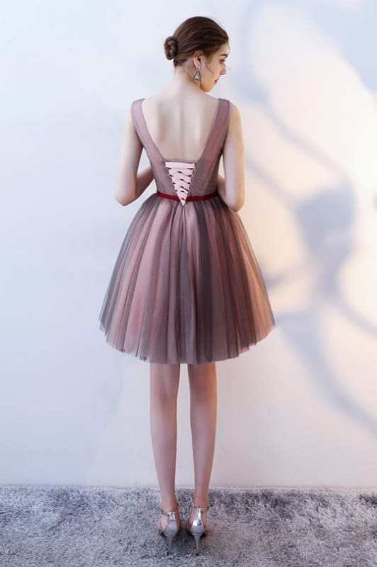 A Line V Neck Sleeveless Tulle Short Homecoming Dress with Flowers