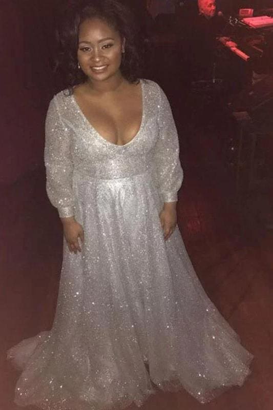 A Line V Neck Sleeves Sequins Plus Size Prom Dress