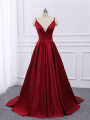 A Line V Neck Spaghetti Straps Backless Burgundy Satin Long Prom, V Neck Burgundy Formal, Burgundy Evening