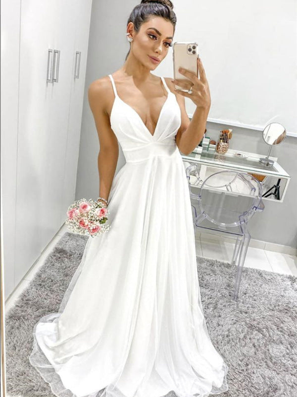 A Line V Neck Spaghetti Straps Backless White Prom, Backless White Formal Graduation Evening