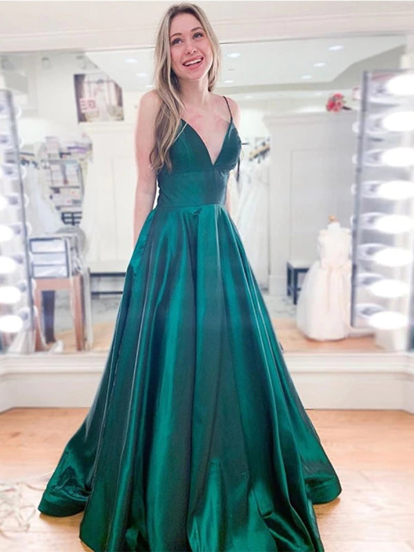 A Line V Neck Spaghetti Straps Long Emerald Green Prom, V Neck Emerald Green Formal, Simple Green Evening