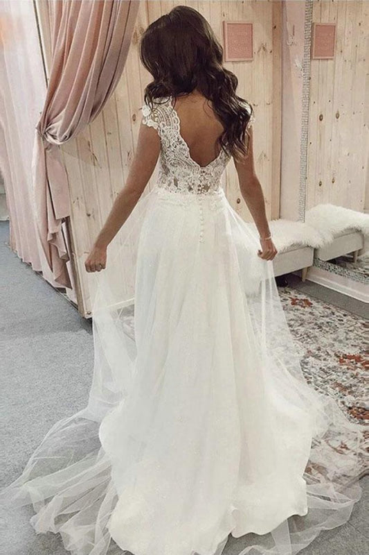 A Line V Neck Tulle Beach with Ivory Lace Top Long Wedding Dress
