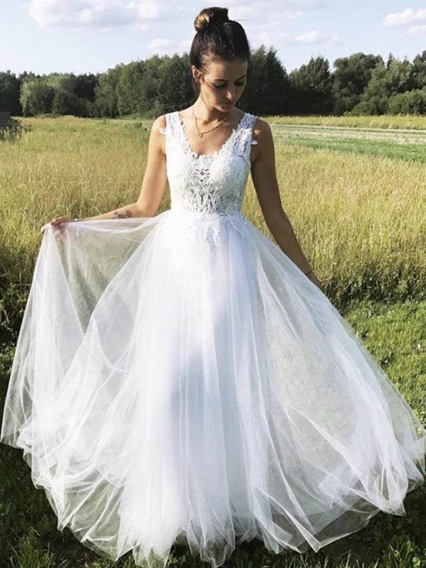 A Line V Neck Tulle Lace Aline Wedding Dresses Sleeveless