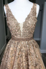 A Line V Neck Tulle Lace Applique Prom Dress with Beading Puffy Party Dress