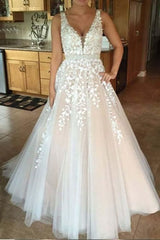 A Line V Neck Tulle Lace Applique Prom Dress with Beading Puffy Party Dress