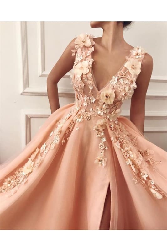 A Line V-neck Tulle Split Evening Gown Dresses with Flowers Long Graduation Dress