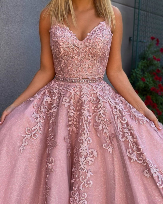 A Line V Neck Two Pieces Lace Appliques Pink Prom with Belt, 2 Pieces Pink Lace Formal, Lace Pink Evening