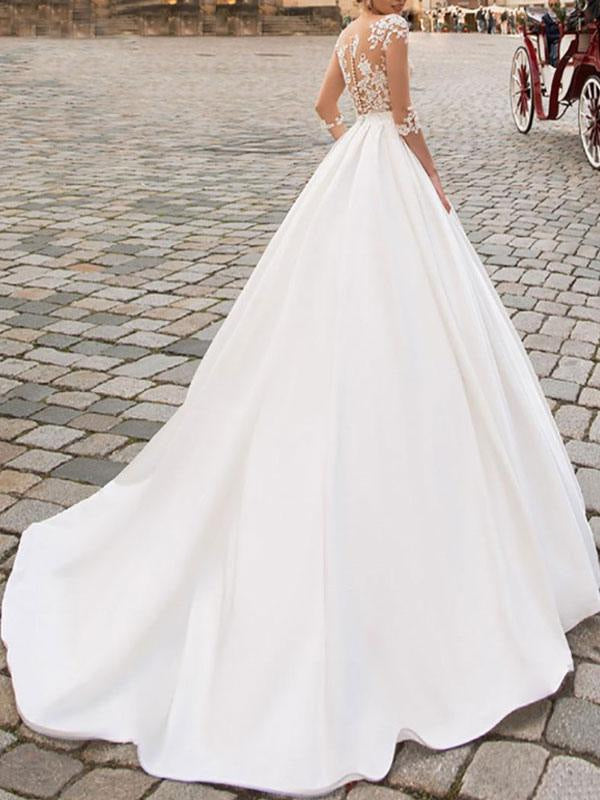 A Line V Neck Wedding Dresses Half Sleeve Floor Length Lace Appliqued Satin Vintage Bridal Gown With Train