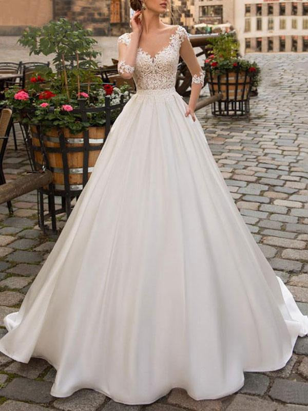 A Line V Neck Wedding Dresses Half Sleeve Floor Length Lace Appliqued Satin Vintage Bridal Gown With Train