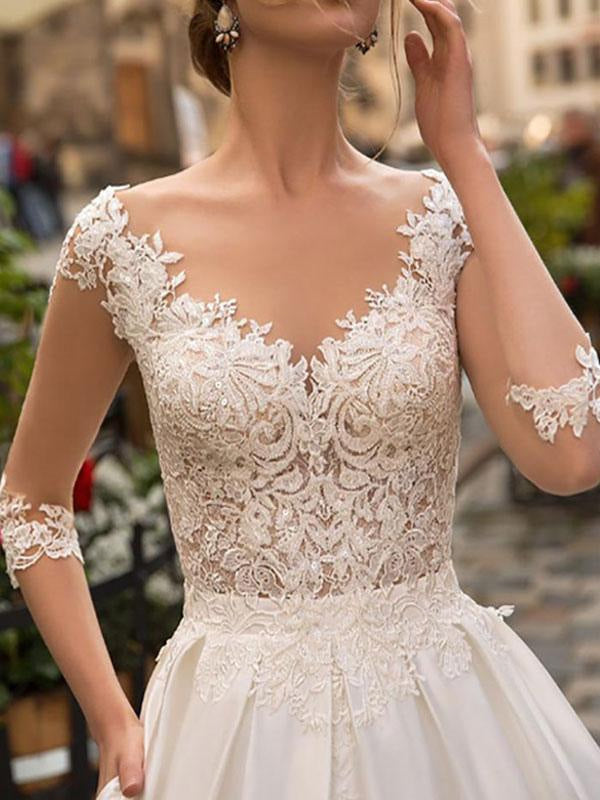 A Line V Neck Wedding Dresses Half Sleeve Floor Length Lace Appliqued Satin Vintage Bridal Gown With Train