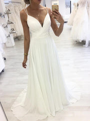 A Line V Neck White Chiffon Long Evening Dress with Straps Formal Graduation Dress