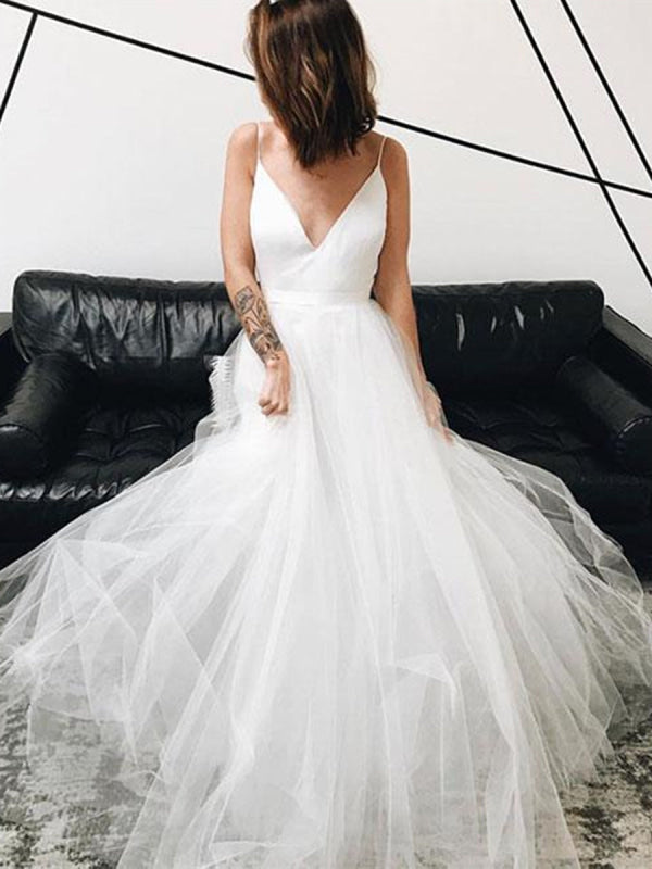A Line V Neck White Tulle Lace Wedding Dresses Sleeveless