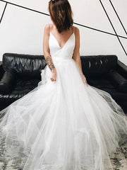 A Line V Neck White Tulle Lace Wedding Dresses Sleeveless
