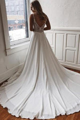 A Line V Neck White Wedding with Sweep Train, White V Neck Long Prom, White Formal Evening