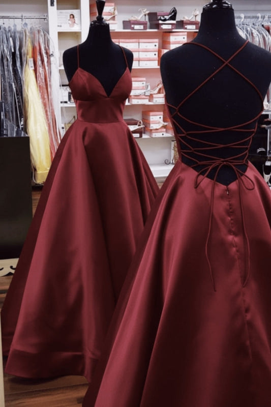 A Line V Neck Yellow Satin Prom Dress with Cross Back Backless Evening Dress