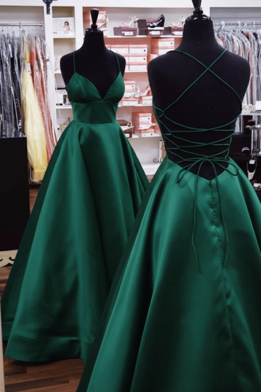 A Line V Neck Yellow Satin Prom Dress with Cross Back Backless Evening Dress