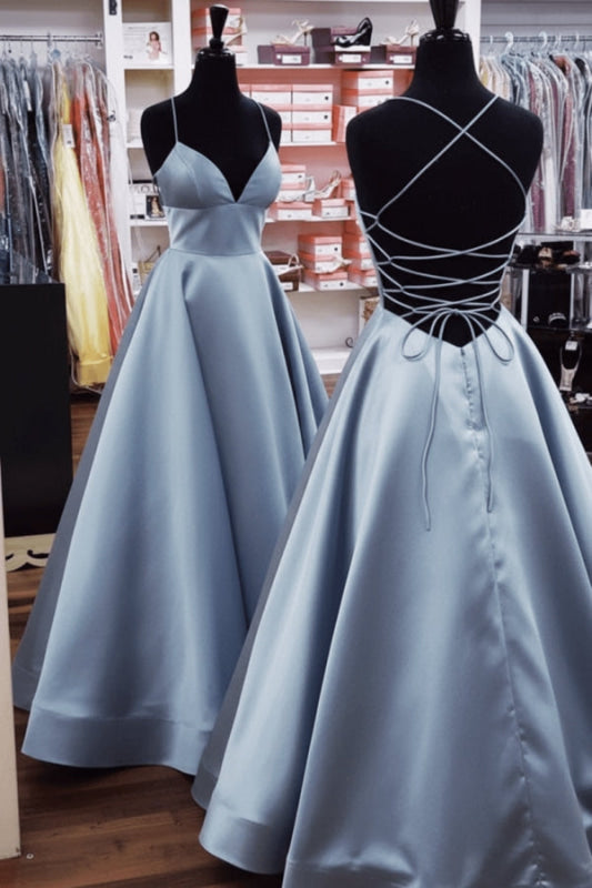 A Line V Neck Yellow Satin Prom Dress with Cross Back Backless Evening Dress