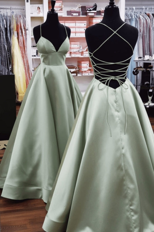 A Line V Neck Yellow Satin Prom Dress with Cross Back Backless Evening Dress
