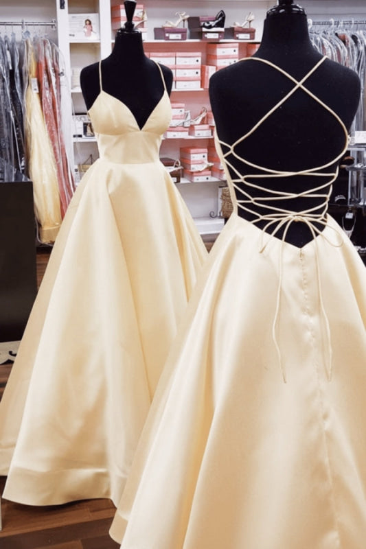 A Line V Neck Yellow Satin Prom Dress with Cross Back Backless Evening Dress