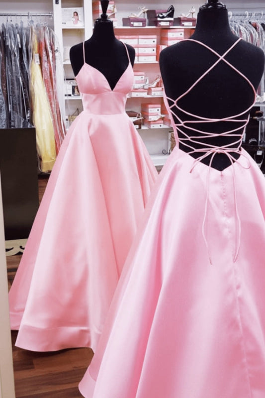 A Line V Neck Yellow Satin Prom Dress with Cross Back Backless Evening Dress