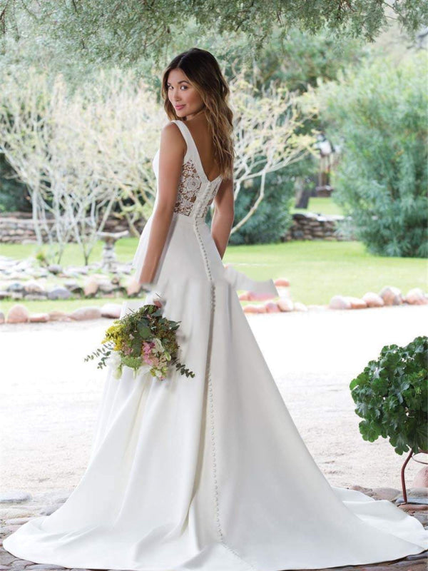 A Line V Neckline White Ivory Buttons Back Lace Wedding Bridal Gown