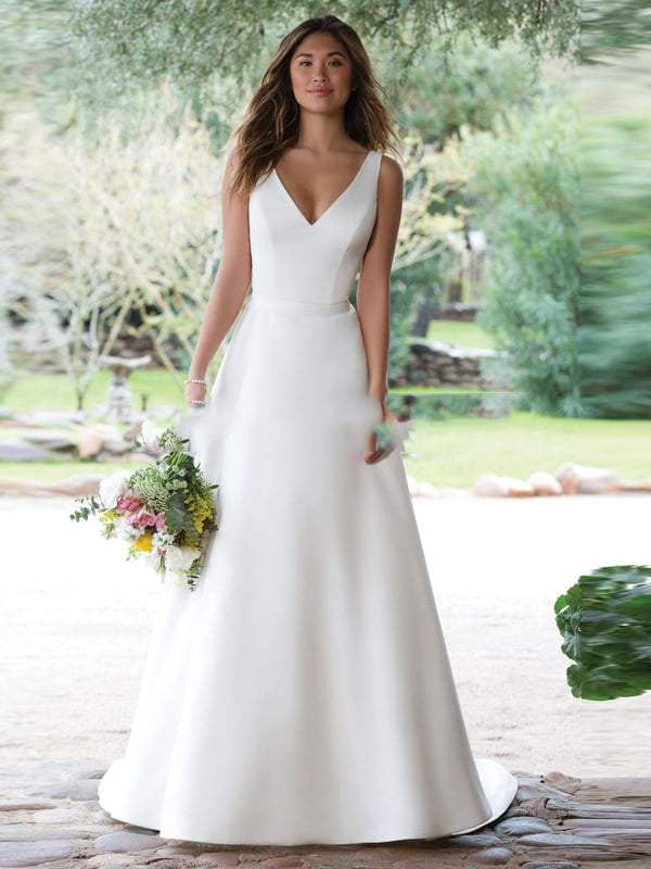 A Line V Neckline White Ivory Buttons Back Lace Wedding Bridal Gown