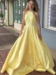 A Line Yellow Satin Beaded Long Prom, Yellow Formal Graduation Evening