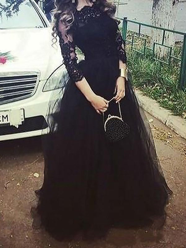3/4 Sleeves Bateau Lace Floor-Length Tulle Prom Dresses