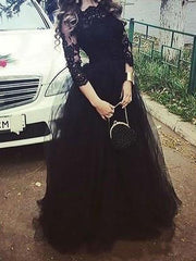 3/4 Sleeves Bateau Lace Floor-Length Tulle Prom Dresses