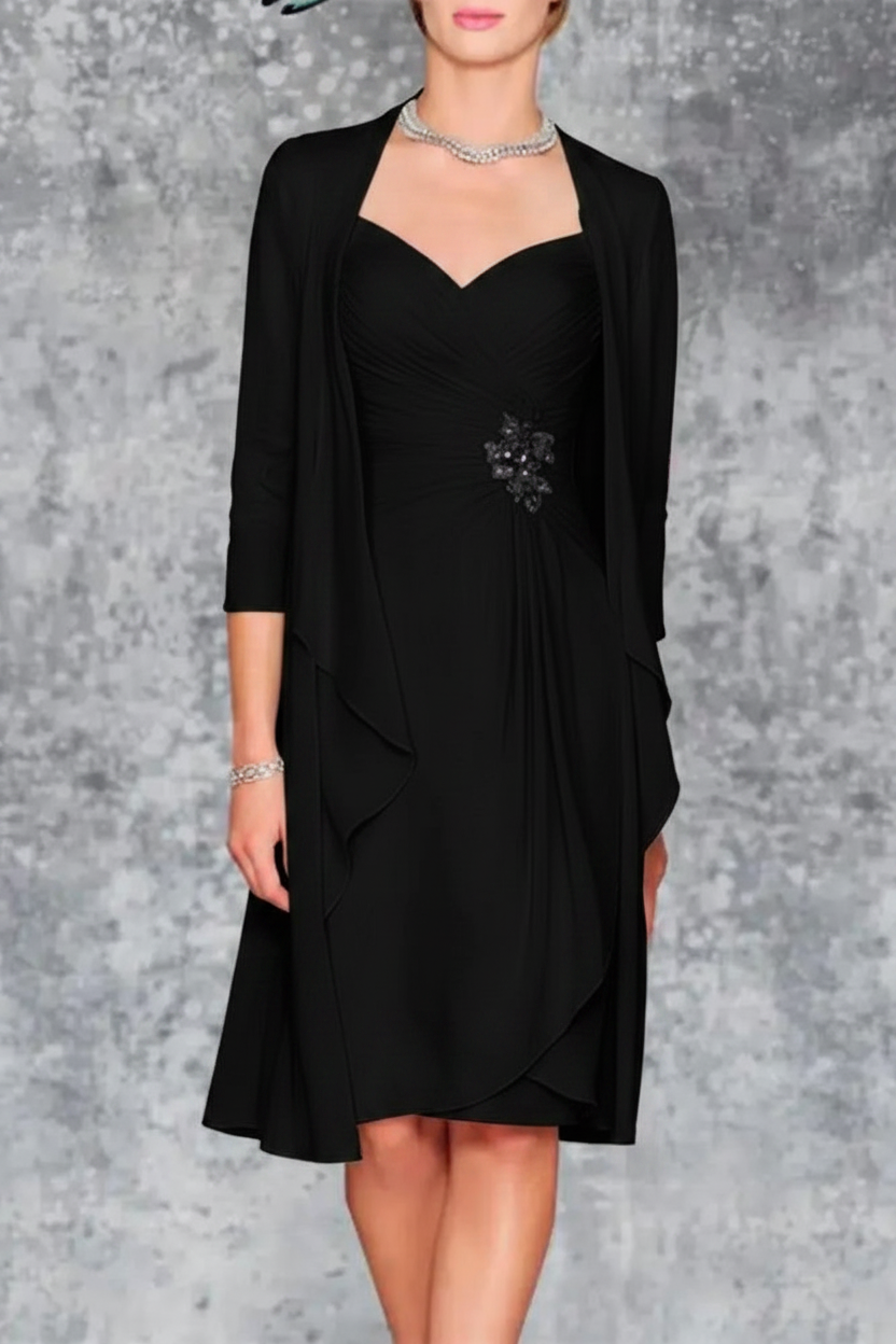3/4 Sleeves Knee Length Ruffle Chiffon Mother of the Bride Outfits with Lace