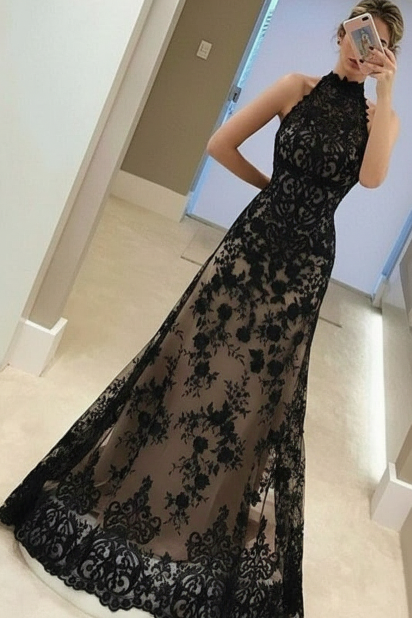 A-Line High Neck Sleeveless Floor-Length Red Lace Prom Dress