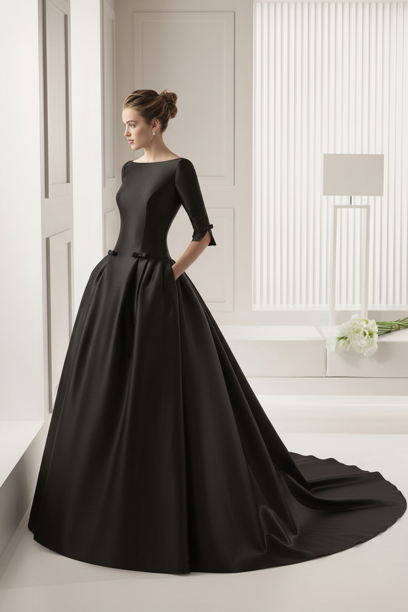 3/4 Length Sleeves Bateau Wedding Dresses A-Line Chapel Train Bows Satin Bridal Dresses White