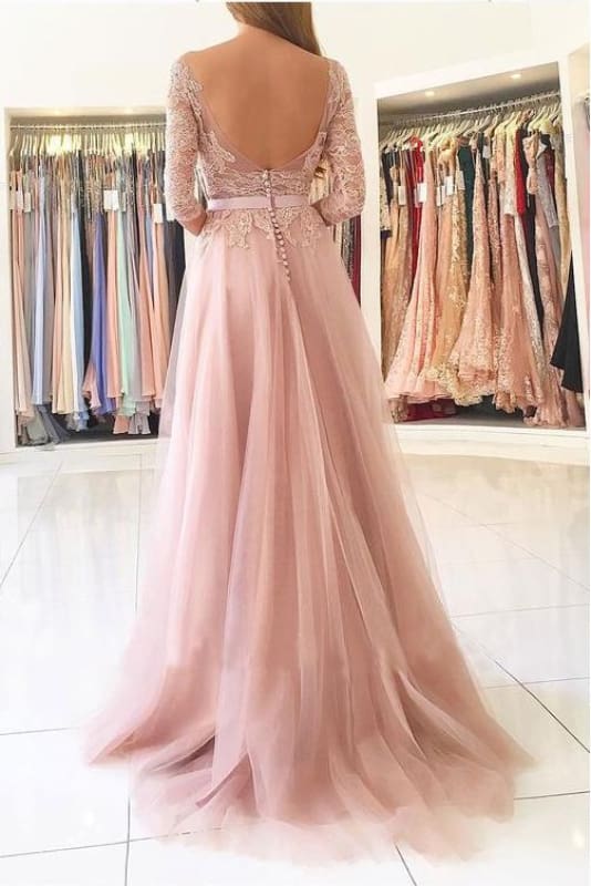 A-line Bateau Lace Appliques Blush Pink Tulle Prom Dresses with Sleeves