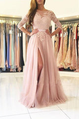 A-line Bateau Lace Appliques Blush Pink Tulle Prom Dresses with Sleeves