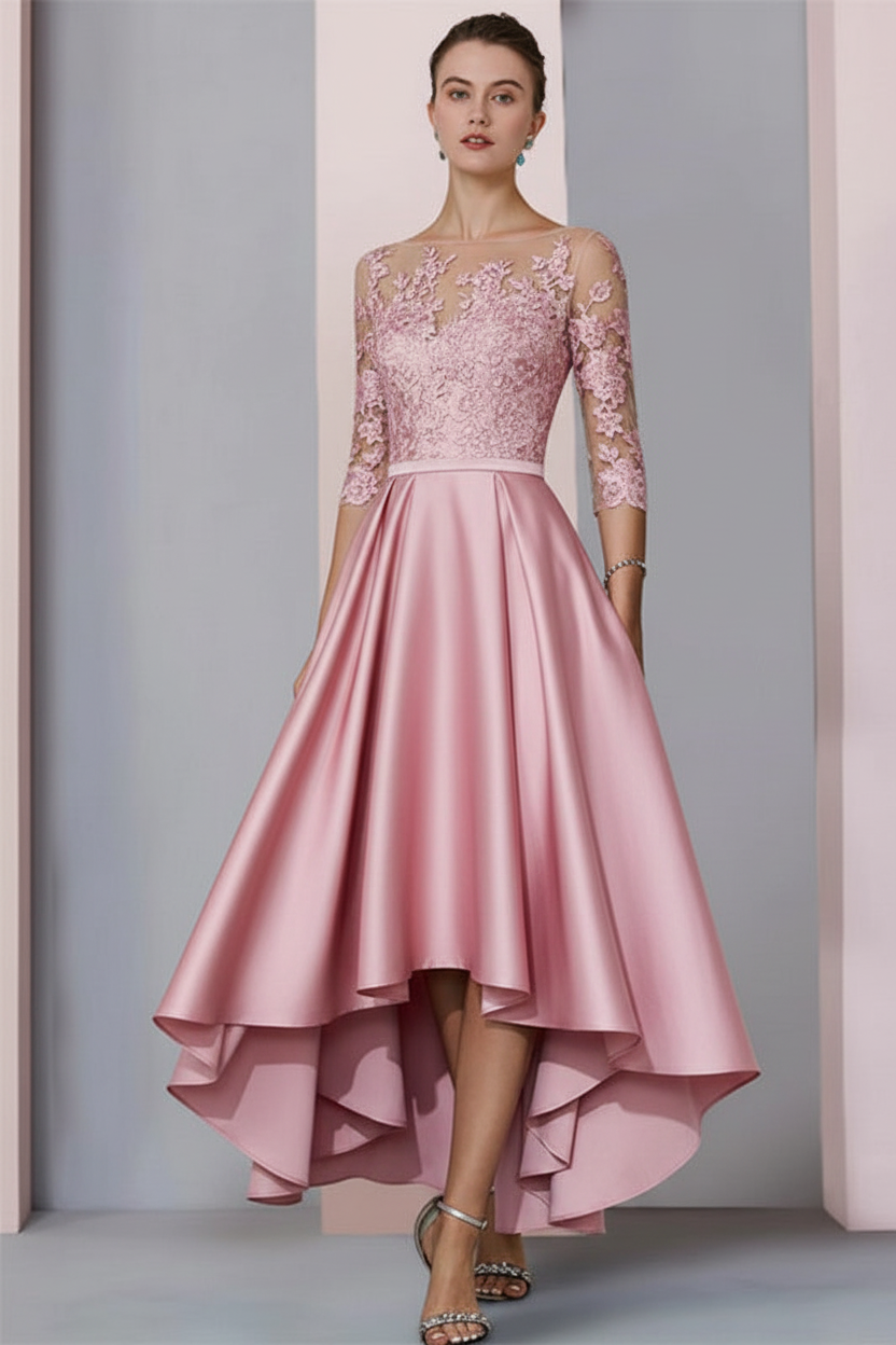 3/4 Sleeves Satin Hi-Lo Mother of-Bride Dress with Appliques