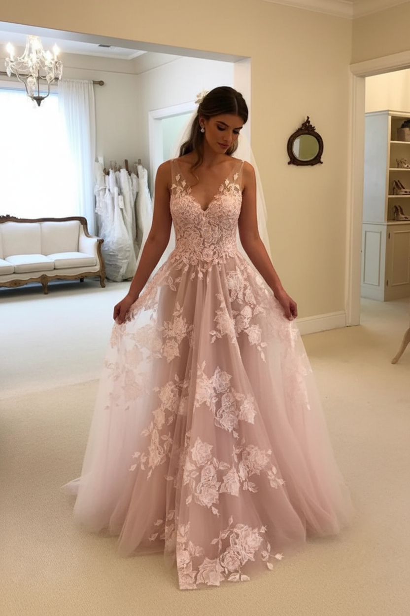 A Line V Neck Lace Appliques White Wedding Dress Sleeveless