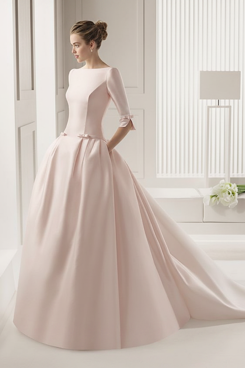 3/4 Length Sleeves Bateau Wedding Dresses A-Line Chapel Train Bows Satin Bridal Dresses White