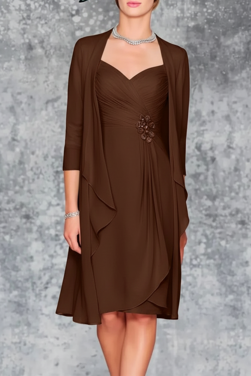 3/4 Sleeves Knee Length Ruffle Chiffon Mother of the Bride Outfits with Lace