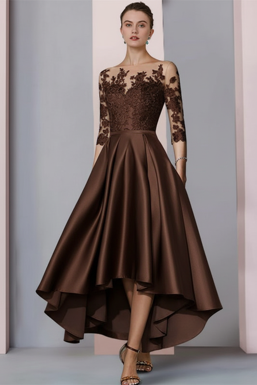 3/4 Sleeves Satin Hi-Lo Mother of-Bride Dress with Appliques