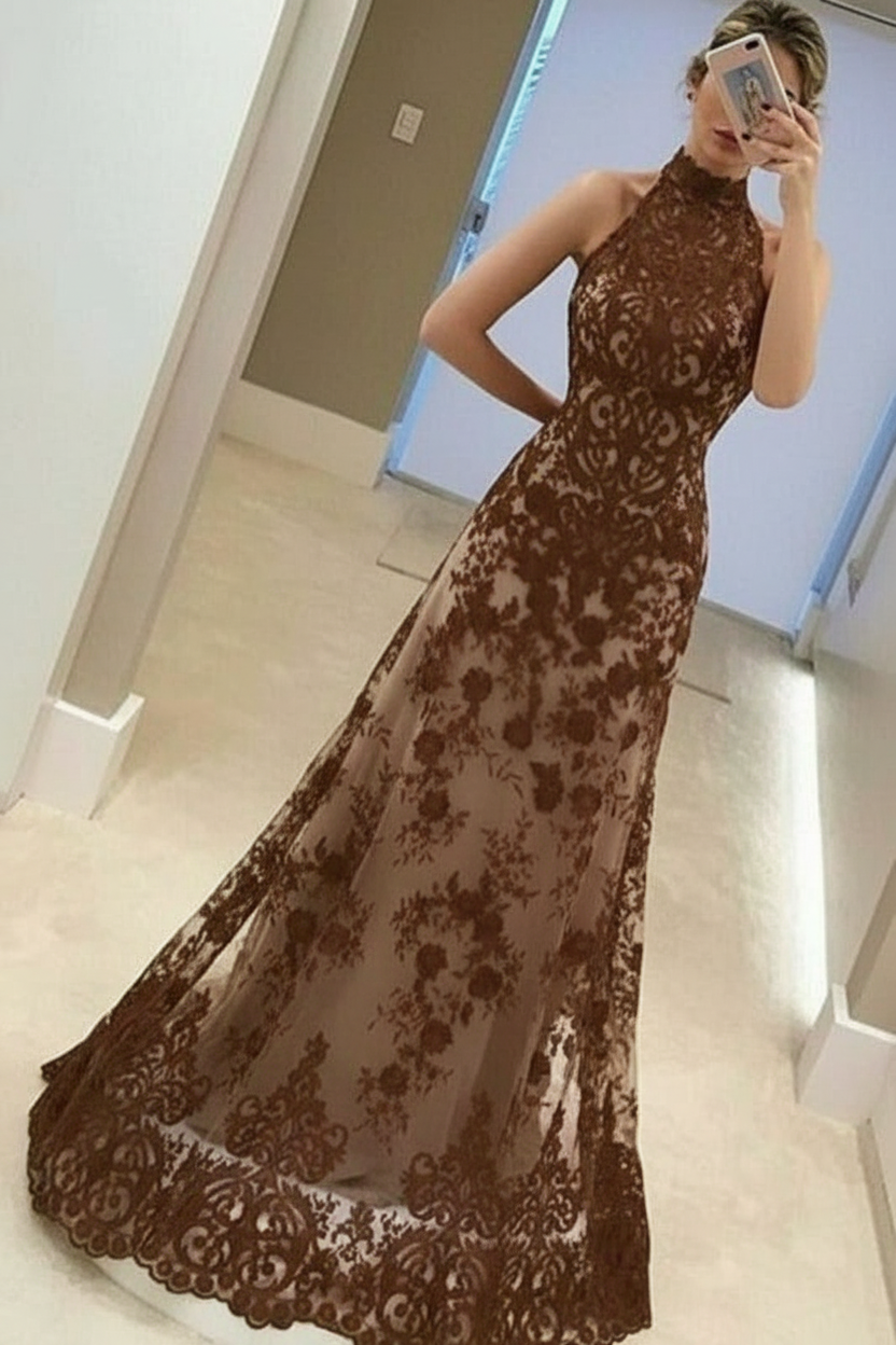 A-Line High Neck Sleeveless Floor-Length Red Lace Prom Dress