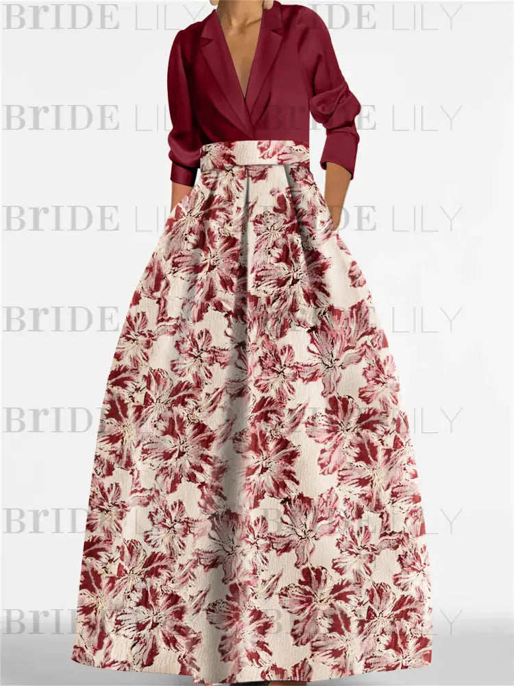 3/4 Sleeve Shirt Collar A-Line Mother of the Bride & Groom Dress with Printed Floral