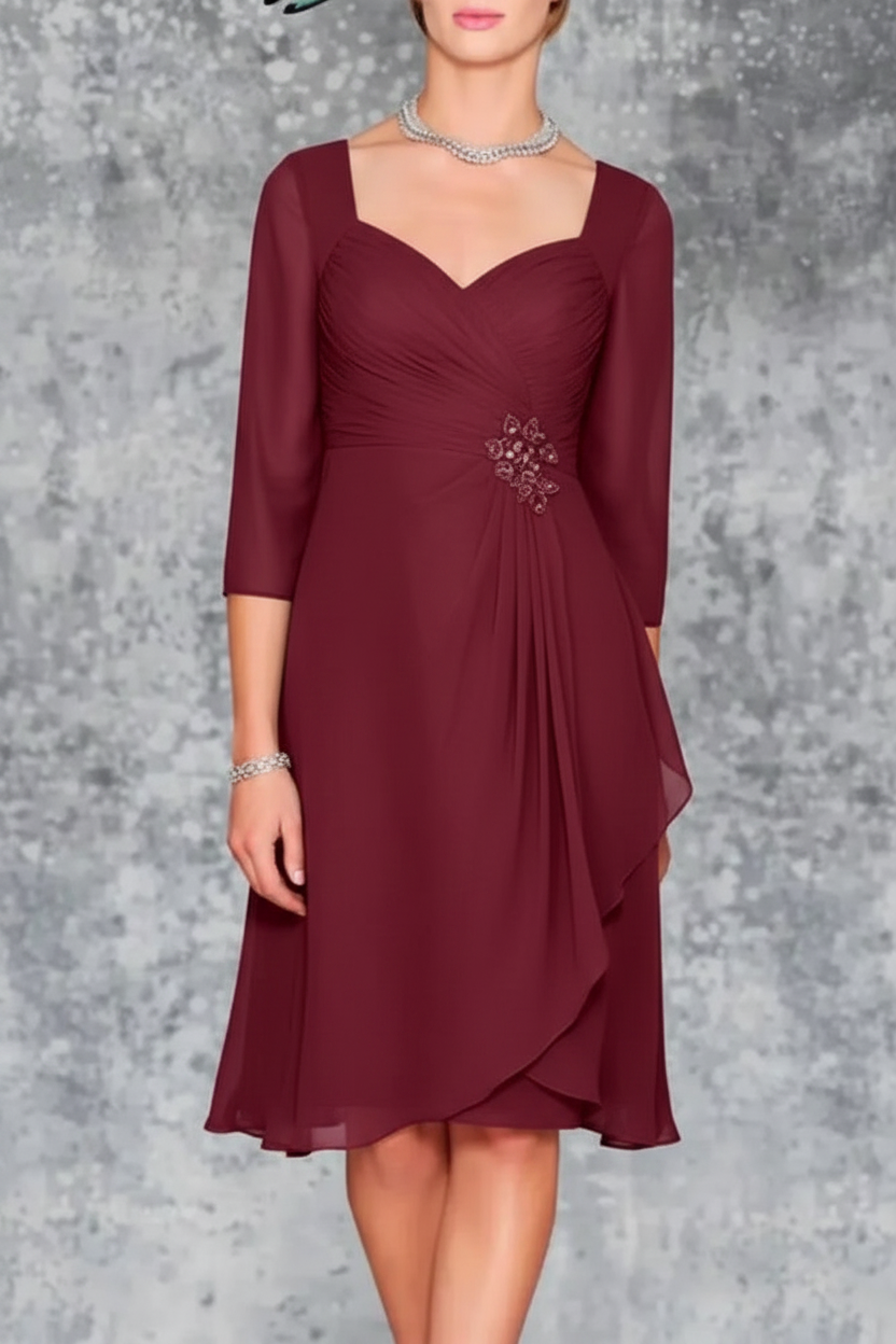3/4 Sleeves Knee Length Ruffle Chiffon Mother of the Bride Outfits with Lace