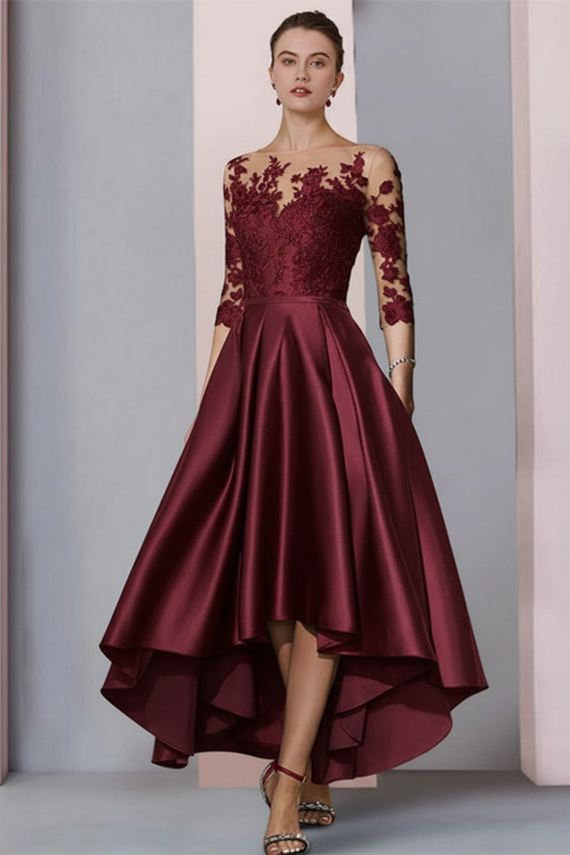 3/4 Sleeves Satin Hi-Lo Mother of-Bride Dress with Appliques