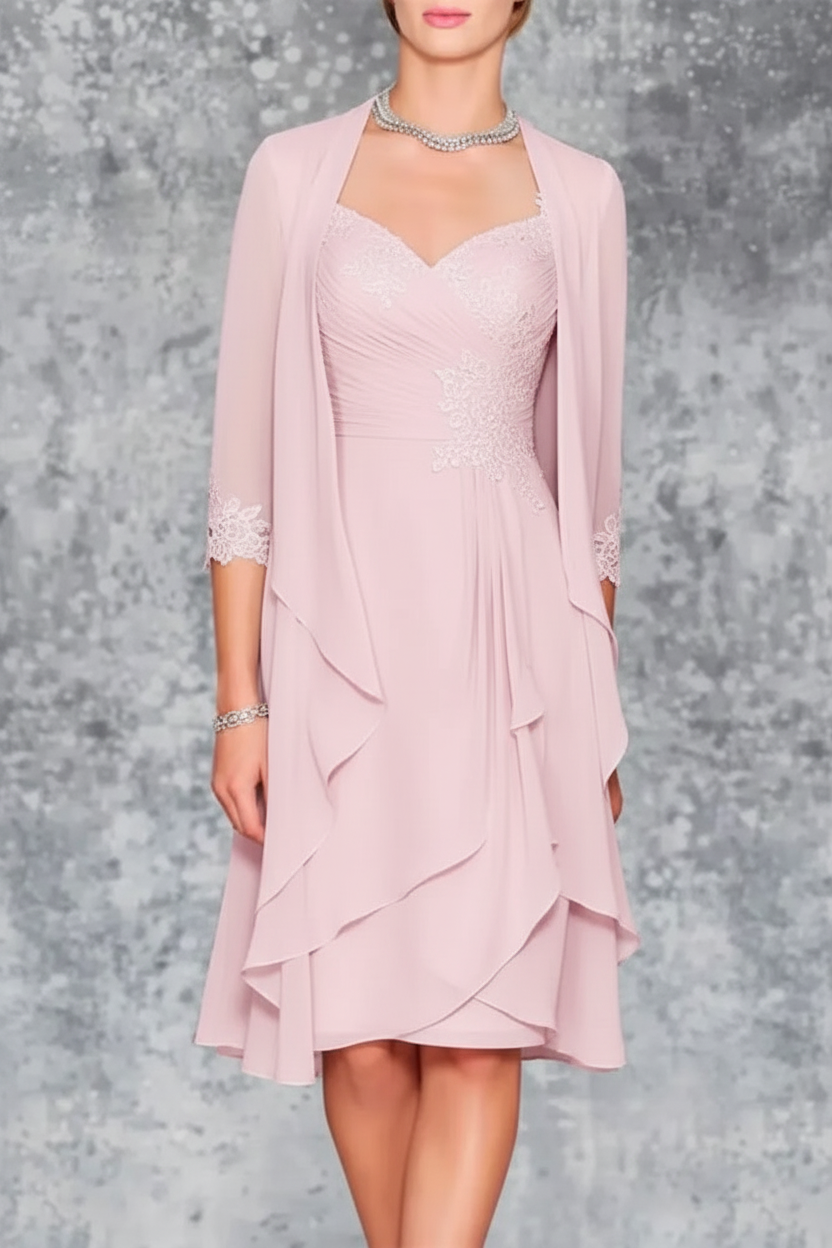 3/4 Sleeves Knee Length Ruffle Chiffon Mother of the Bride Outfits with Lace
