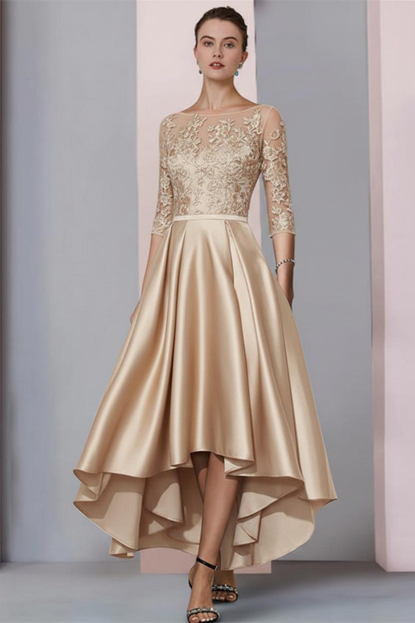 3/4 Sleeves Satin Hi-Lo Mother of-Bride Dress with Appliques