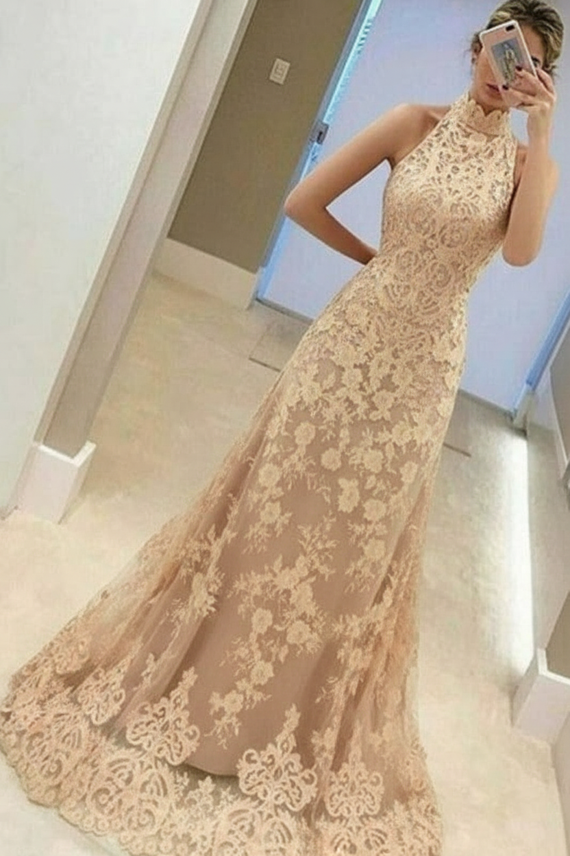 A-Line High Neck Sleeveless Floor-Length Red Lace Prom Dress