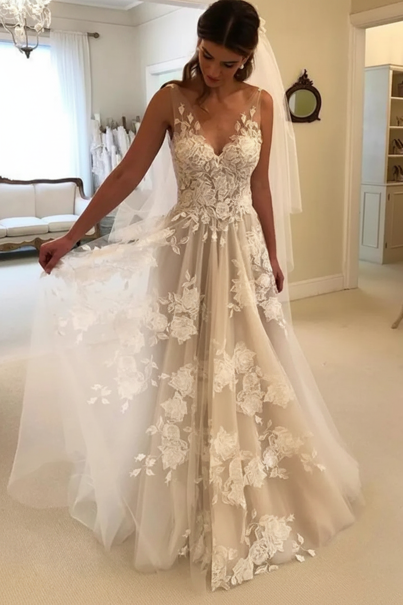 A Line V Neck Lace Appliques White Wedding Dress Sleeveless