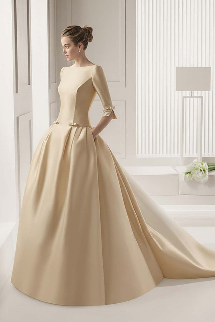 3/4 Length Sleeves Bateau Wedding Dresses A-Line Chapel Train Bows Satin Bridal Dresses White