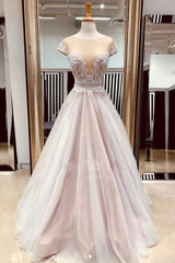 A Line Sheer Neck Cap Sleeves Prom with Lace Appliques Long Senior Dress